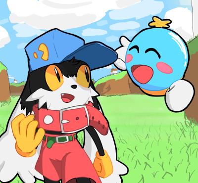 Klonoa and Huepow walking on a grassy field on a sunny day, talking to each other.