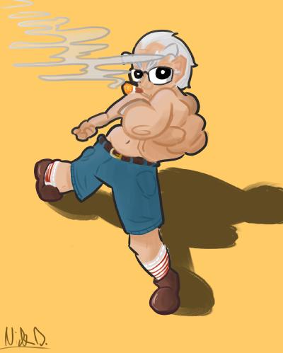 Old dude with no shirt and denim shorts pointing at camera.