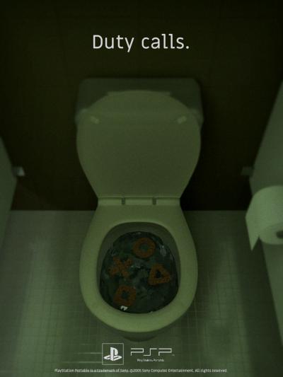 A toilet in a stall with poop shaped like the PlayStation buttons in it. The text reads 'Duty calls.'