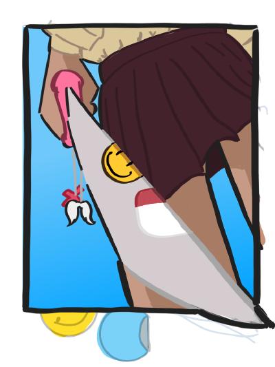 Sword with charms hanging off it, held by a girl with a skirt.