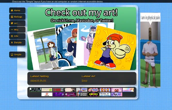 The new homepage for nick64.me! There's an ad banner on the side that shows fake nick64.me ads and a marquee on top with text.