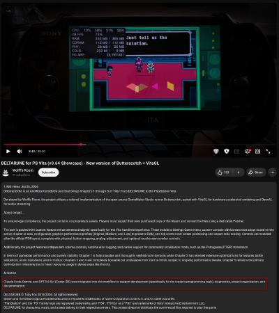 A screenshot of a YouTube video showing Deltarune running on the PlayStation Vita. The description mentions how Claude Code, Gemini, and GPT-5.6 Sol was used in the project.