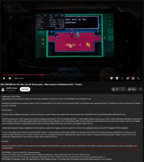 A screenshot of a YouTube video showing Deltarune running on the PlayStation Vita. The description mentions how Claude Code, Gemini, and GPT-5.6 Sol was used in the project.
