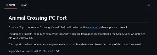 A screenshot of a GitHub page describing an Animal Crossing PC Port based on the decompilation project.