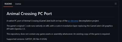 A screenshot of a GitHub page describing an Animal Crossing PC Port based on the decompilation project.