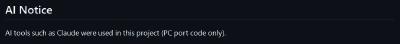 A screenshot of the AI notice for the Animal Crossing project, only mentioning that tools such as Claude were used.