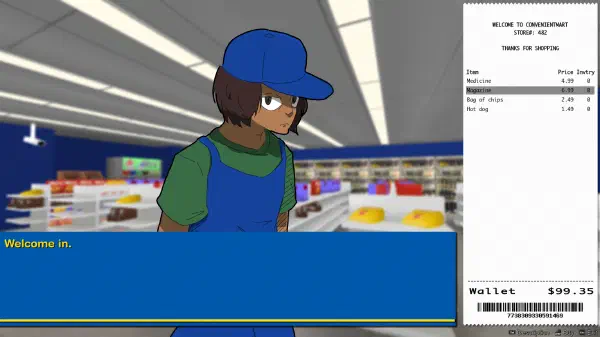 A screenshot of the shop. The shopkeeper is front and center and a list of items is on the side of the screen. 