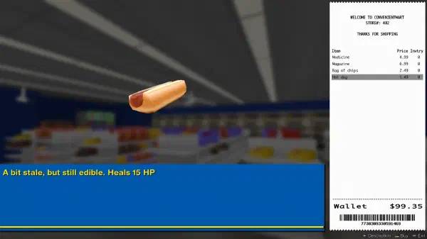 A screenshot of the shop's description page. A model of a hot dog floats as the hot dog item is selected on the menu.