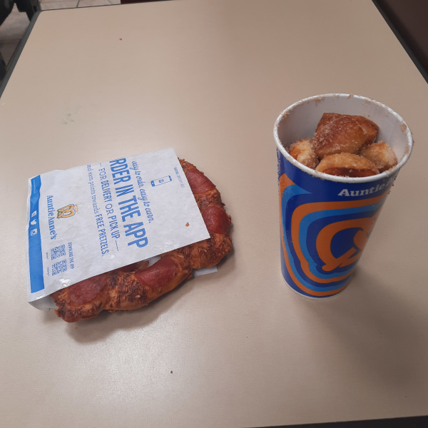 A pepperoni pretzel and cinammon nuggets from Auntie Anne's