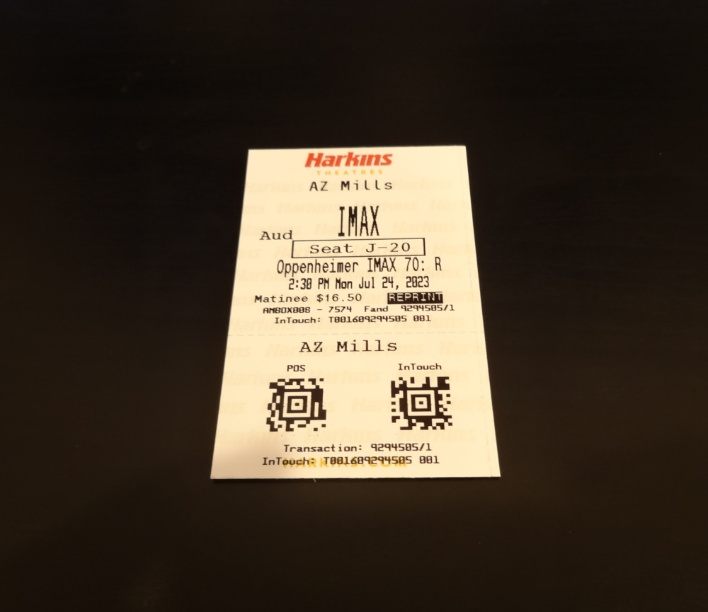 A printed ticket of Oppenheimer on IMAX 70mm.