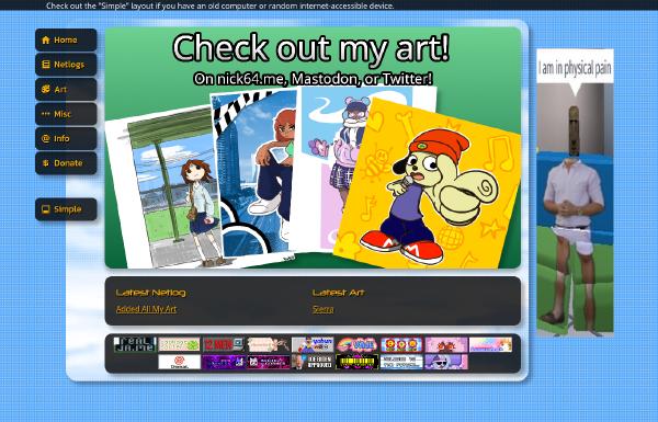 The new homepage for nick64.me! There's an ad banner on the side that shows fake nick64.me ads and a marquee on top with text.